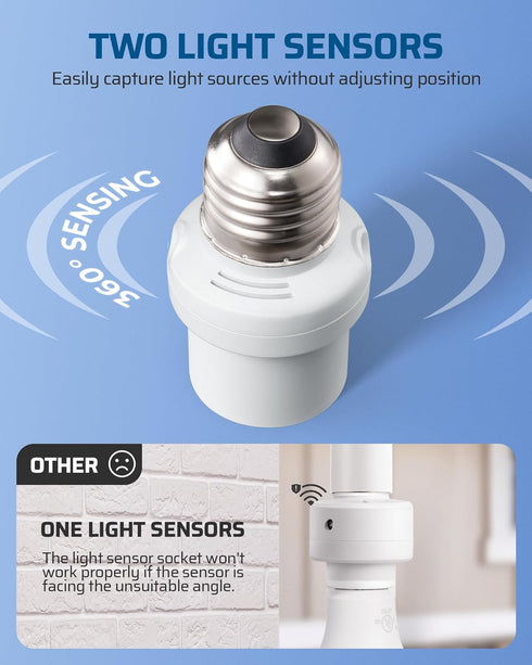 E26/E27 2 Pack, DEWENWILS Light Sensor Socket, Socket Adapter, Automatic Dusk to Dawn, Double Sensors for Porch/Wall