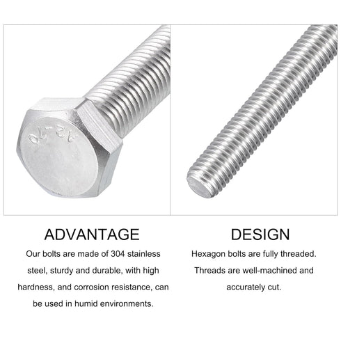 Hex Bolts (M14-2x160mm) 2Pcs, Fully Threaded Coarse Hex Head Screw Bolt Machine Screws - 304 Stainless Steel, Silver