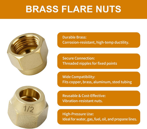 A.I.FORCE Set 45 (3/8", 5 Pack) Premium Brass Flare Nut - SAE Flare Tube Fittings for Air Conditioning & Copper Pipe
