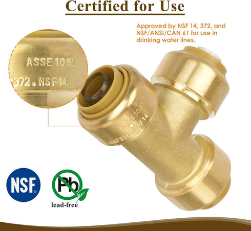 1/2" Push to Connect Tee Brass Plumbing Fitting for PEX, Copper, CPVC Pipe with Upgraded Stiffener (6 Pack)