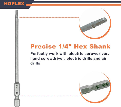 RC Hex Bit Set 1.5, 2.0, 2.5 & 3.0mm Hex Head Allen Wrench Drill Bit S2 Steel 1/4" Hex Shank 4.3" Long for Screwdrivers Bit Electric Screwgun/Power Drill RC Repair Working Tools by HOPLEX
