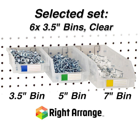 Pegboard Bins - 3.5" Clear Bins, 6 Pack - Hooks to Any Peg Board for Organizing Hardware, Accessories, Craft Supplies