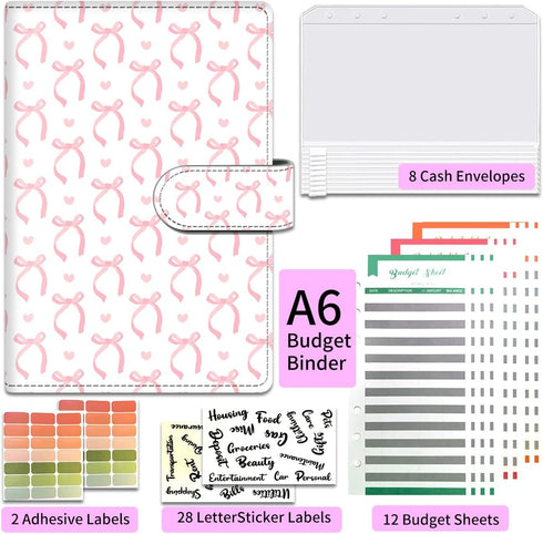 ALKKDPS A6 12 Budget Binder with Cash Zipper Envelopes, Cute Money Saving Binder, PU Leather Money Organizer, Cash