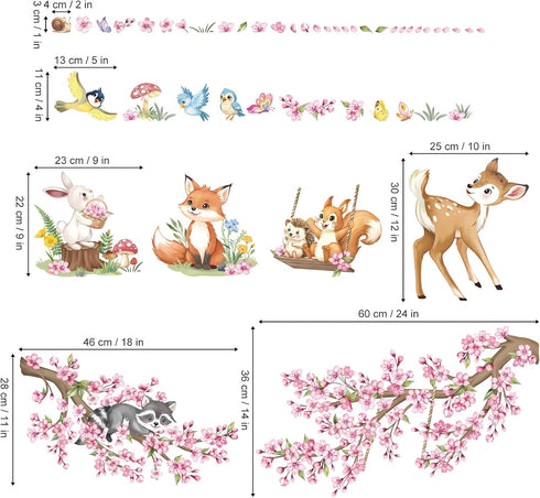 decalmile Woodland Animals Pink Flower Wall Stickers Cherry Blossom Branch Deer Fox Wall Decals Baby Nursery Kids