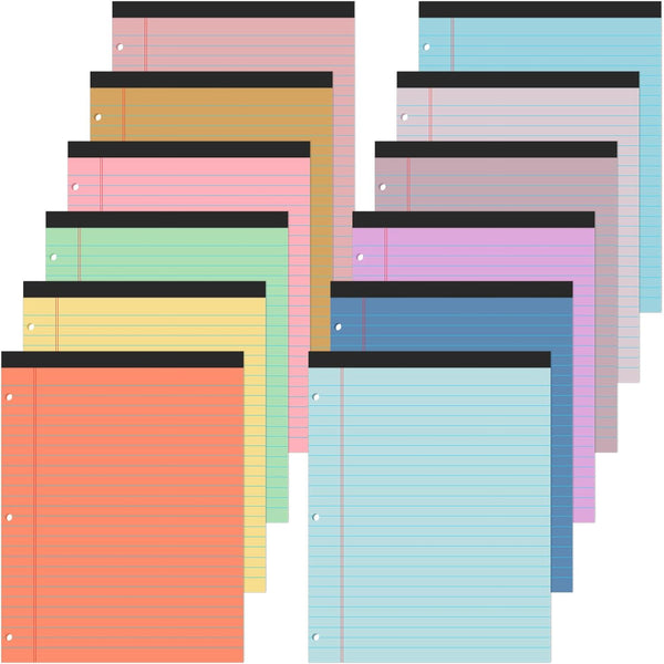 Fuutreo 12 Pcs 8.5'' x 11'' Colored Legal Pad, Wide Ruled Loose Leaf Paper, 50 Sheets, Assorted Color Pastel Pads
