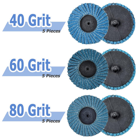 15Pcs 2 Inch 40/60/ 80Grit 1/4 Inch Mesee Roll Lock Flap Disc Kit, Quick Change Flap Grinding Wheel with Shank Disc Pad