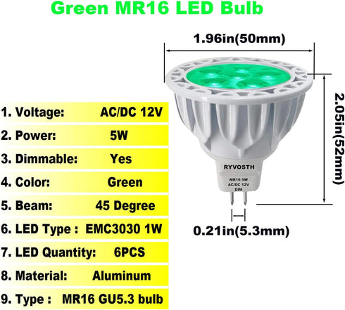 RYVOSTH 6-Pack MR16 Bulbs 5W 35W 50W Equivalent,12V MR16 GU5.3 Bulb Dimmable,45 Green Led Replace Halogen Low Voltage