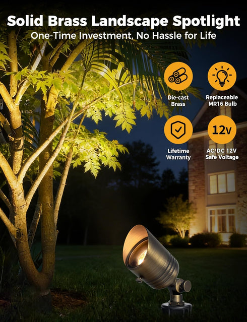 12V 5W 2700K MR16 Bulb, IP65 (1) COLOER Brass Outdoor Spotlights, LED Low Voltage Landscape Lighting with Aluminum