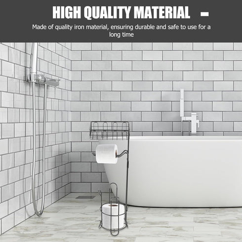Freestanding Black Iron Bathroom Toilet Paper Holder with Storage Rack and Hollow Design Roll Dispenser for Household