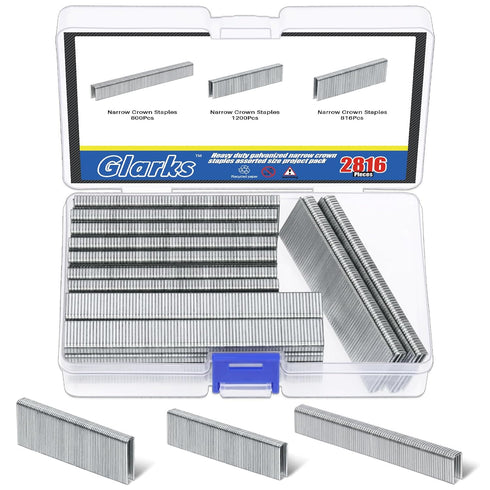 Glarks 2816Pcs 18 Gauge Narrow Crown Staples, 1/2", 3/4", 1" Galvanized Assortment Kit for Electric Stapler