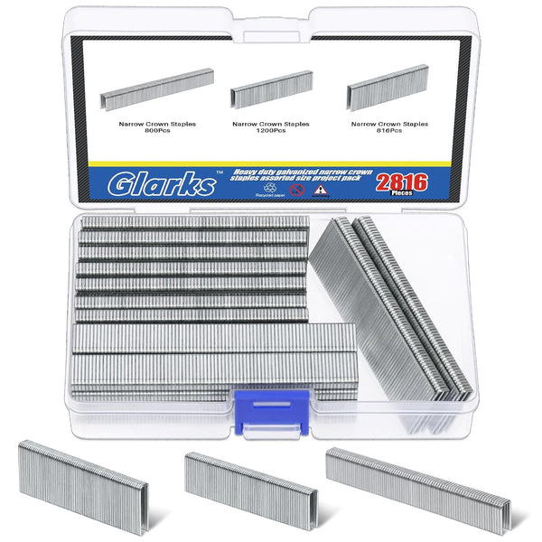 Glarks 2816Pcs 18 Gauge Narrow Crown Staples, 1/2", 3/4", 1" Galvanized Assortment Kit for Electric Stapler