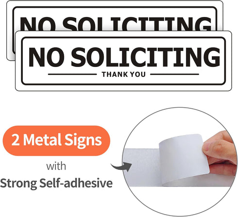 No Soliciting Sign, Self Adhesive Aluminum Sign, 2" x 7" White with Black Letters for House Business, 2 Pack