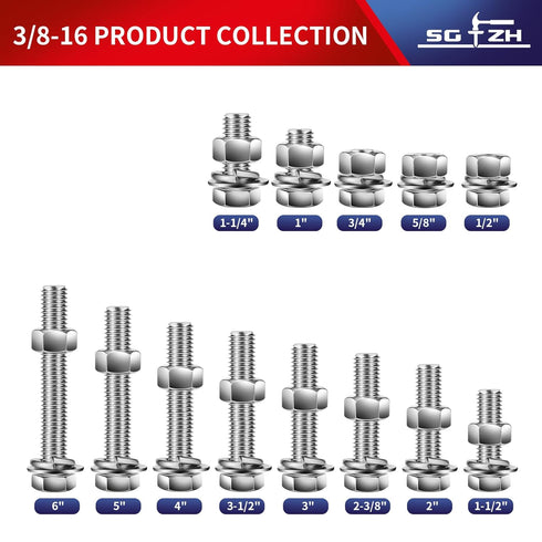 3/8-16 x 6" Hex Head Screw Bolt, Nuts, Flat & Lock Washers, 10Pcs 18-8 Stainless Steel Fully Threaded