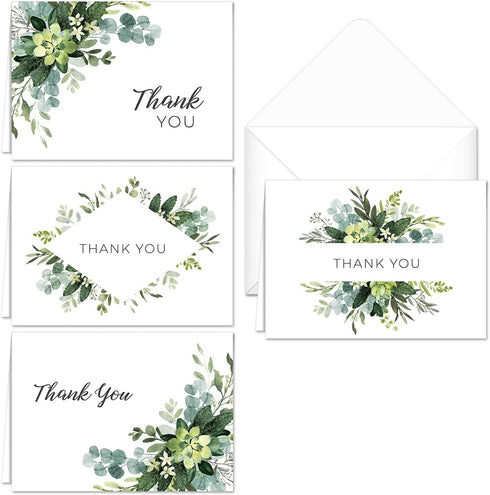 Lush Greenery Thank You Notes, 24 Cards with White Envelopes, 4 Green Floral Designs, 3 1/2" x 4 7/8"