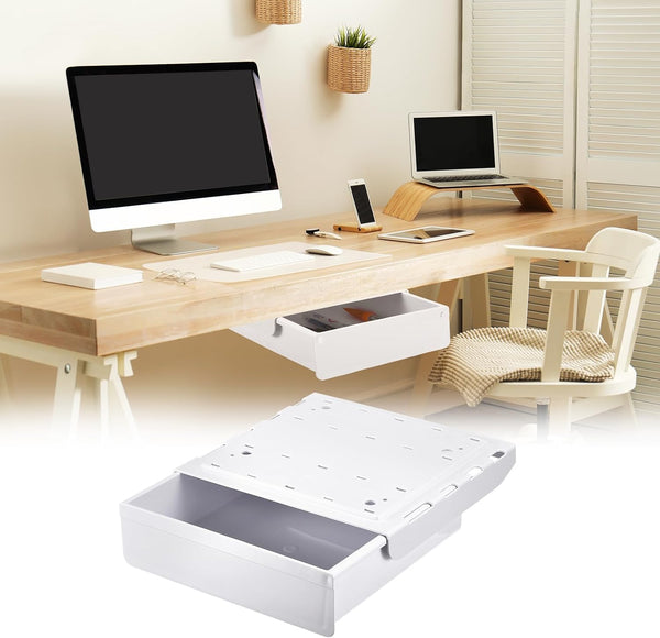 uxcell Under Desk Drawer, 1Pcs - Plastic Self-Adhesive Storage Organizer, Slide Out Stationery for Office Home, White