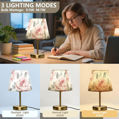 Dimmable ALAZA Table Lamp for Bedroom Nightstand Pink Peonies Rose Flower Bedside Lamp with USB Port Fabric Shade Desk