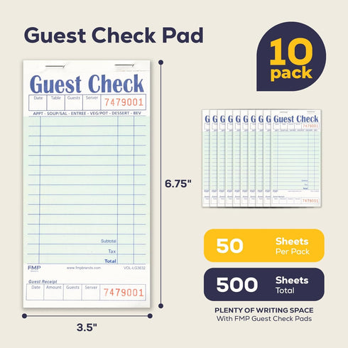 500 (10 FMP Brands Guest Check Books for Servers, Server Note Pads Paper, Total Sheets Pads), Light Green with Guest