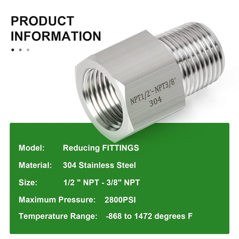 TAISHER 2PCS 304 Stainless Steel Pipe Fitting, Reducer Adapter 3/8-Inch Male x 1/2-Inch Female