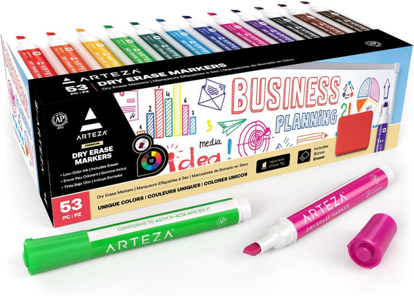 ARTEZA Dry Erase Markers Bulk Pack of 52, 12 Assorted Colors, Low-Odor