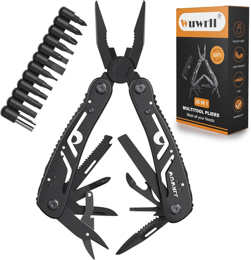 26-in-1 Multitool, Professional Stainless Steel Multi Tools, Heavy Duty Pliers Pocket Knife, Replaceable Bits (black)