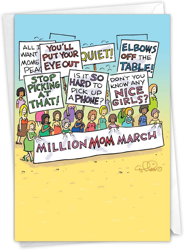 NobleWorks - Funny Mother's Day Card with Envelope, Cartoon Greeting, Stationery Gift for Mom, Million Mom March