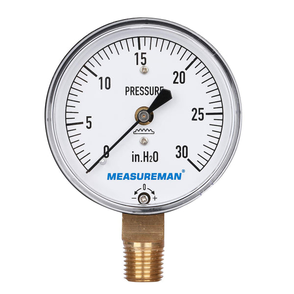 MEASUREMAN Diaphragm Type Capsule Low Pressure Gauge 2-1/2" Dial, 1/4" NPT Lower Mount, Adjustable, 0-30 in H2O