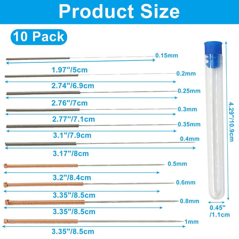Seimneire 10 3D Nozzle Nozzle 0.15/0.2/0.25/0.3/0.35/0.4/0.5/0.6/0.8/1.0mm 3D Pieces Printer Cleaning Kit, Stainless