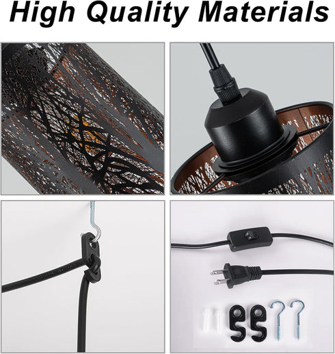 Industrial Black Plug in Pendant Light Vintage Mini Black Gold Hanging Lighting Rustic Hollow-Carved Cylinder Plug