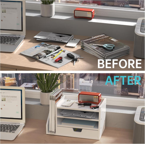 Multi-Tier Wood Desk File Organizer with Side File Rack, 3 Tray Shelves & Adjustable Drawer for Office Setup