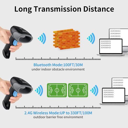 Wireless Barcode Scanner 1D QR Handheld Laser Reader, 3-in-1 Bluetooth & 2.4G Wireless & USB Wired for iPad, Android,