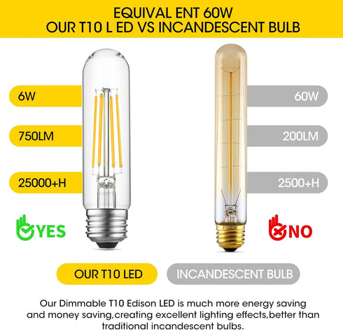 Tubular Light Bulb, 6W Equal E26 LED Bulb, 60 Watt Dimmable, Cool White 4000K, 750LM, Pack of 6 for Rustic Pendant