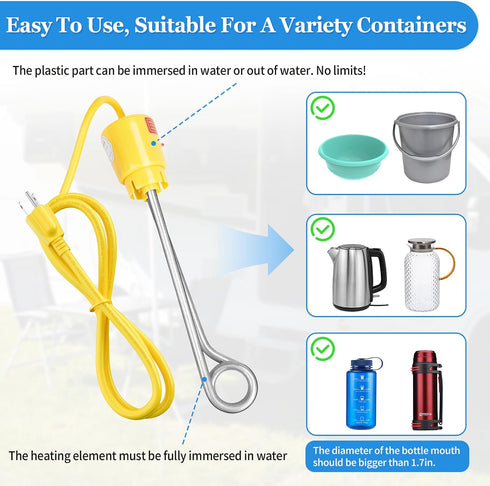 1000W Immersion 304 5 Swimming Water Heater, Portable Bucket Heater with Stainless Steel, for Teapot Water, Glass Pot