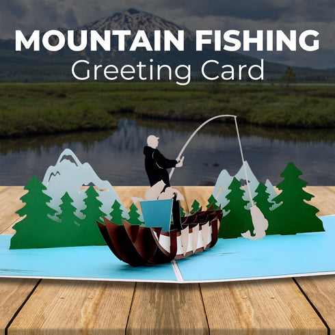 iGifts And Cards 3D Mountain Fishing Pop-Up Card – Canoe, Forest & Leaping Trout – Gift for Men, Fishermen, Nature