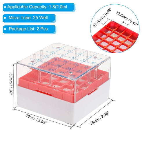 PATIKIL 25 Well Centrifuge Tube Freezer Storage Box, 2 Pcs Polypropylene Tube Rack for 1.8ML and 2.0ML Tubes Vials Samples, Red