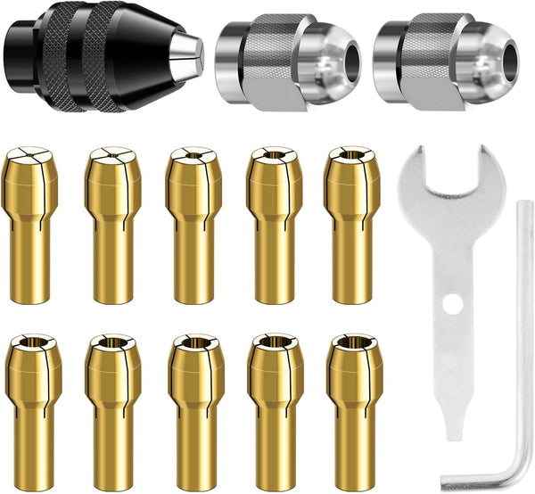 Drill Chuck Collet Set for Dremel, 15PCS Kit, 0.8-3.2mm Shank Replacement, Keyless Quick Change Accessory