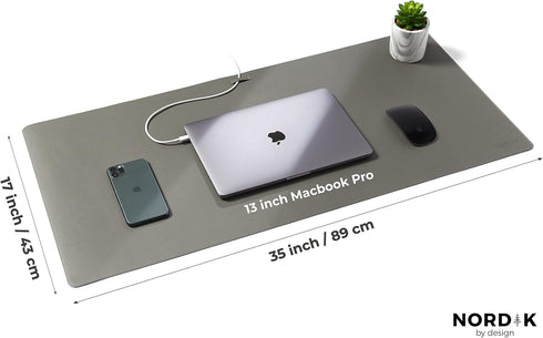 Nordik Leather Desk Mat Cable Organizer - Alaskan Gray 35 X 17 inch, Non-Slip Vegan Leather Desk Pad Protector
