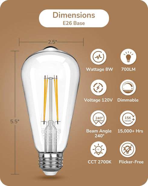 EDISHINE Vintage LED Edison Bulbs 6 Pack, 8W Equivalent 60W, ST64 Dimmable 700LM 2700K Warm White E26 Base