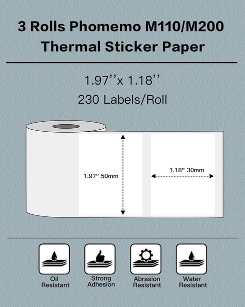 Phomemo Labels - 3 Rolls M110/M220/M221/M120/M200 Thermal Paper (1.97"x1.18") for Product Tag, Barcode, Address Label
