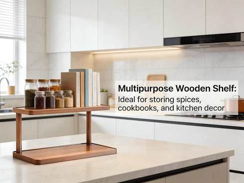 Generic 2-Tier Countertop Wooden Desktop Organizer Shelf - Multipurpose Storage & Display Rack for Kitchen, Bathroom