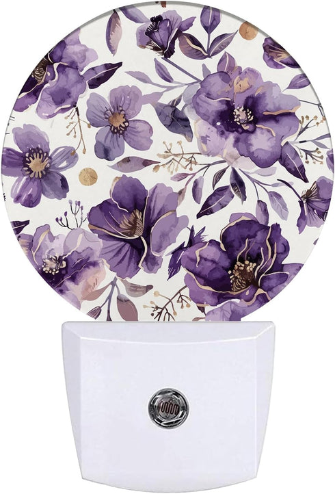 GANTINIR Purple Flower Night Light Watercolor Floral Night Lights LED Lamp Round Plug