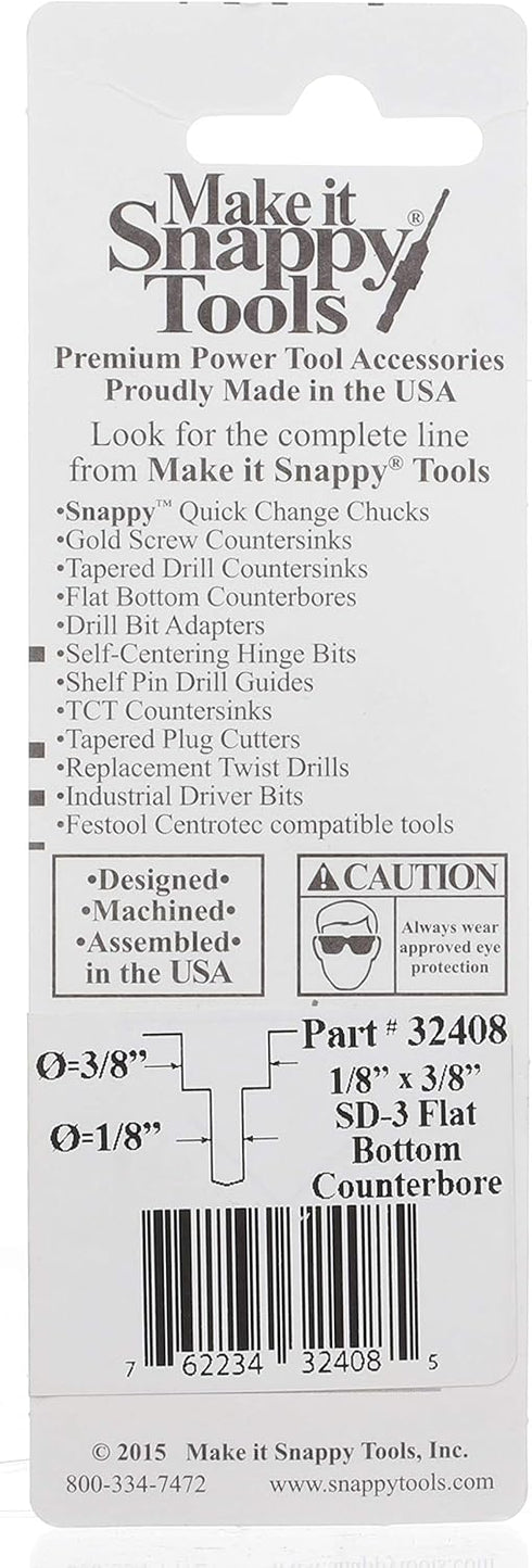 Make it Snappy Tools 1/8 Inch x 3/8 Inch 3-Flute Flat Bottom Counterbore with TiN Coated Twist Drill #32408