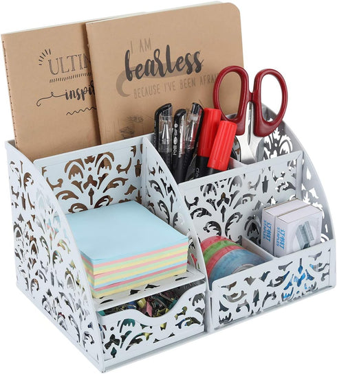 EasyPAG Desk Organizer Caddy with 6 Compartments and 1 Sliding Drawer for Home, School, White