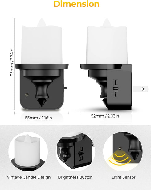 2 Pack, 0-100LM Dimmable, Briignite Flameless Candle Night Lights, Amber Plug-in LED Candle with Light Sensor, Kids
