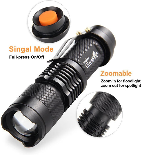 ULTRAFIRE 3 Pack Mini Flashlights, Focus Adjustable SK68 Tactical LED Flashlight, 300 Lumens