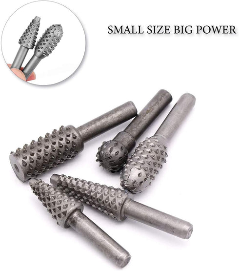 5 PCS Rotary Drill Bit Set for Woodworking - Rasp Wood Carving Bits 1/4 Shank Power Carving Bits Rotary Burr Set