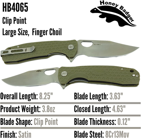 8Cr13MoV 3.63" Honey Badger Knives Large Clip Point Folding Pocket Knife - Steel, Blade, Green FRN Handle - Ball