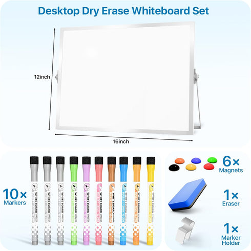 Dry Erase White Board with Stand, Double-Sided 12x16 inch, 10 Markers, 6 Magnets, Portable for Planning