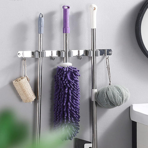 Heavy Duty Stainless Steel Broom Mop Holder Wall Mount, Organizer Rack Hook for Home, Kitchen, Garage