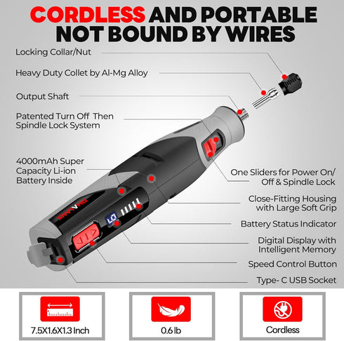 4V 80 28000 9-Speed, 4000mAh PHALANX Cordless Rotary Tool Kit with Accessories, RPM, Battery, Rotary Tool with Digital