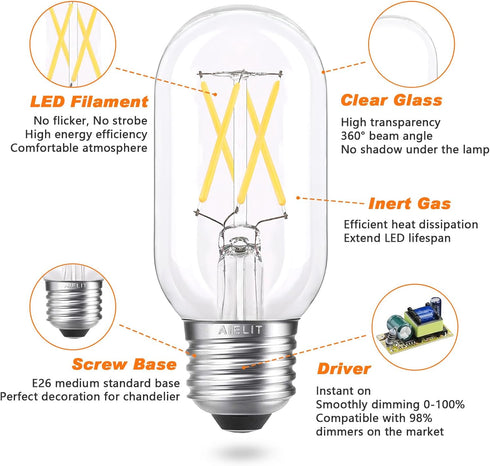 T45/T14 LED Light Bulb Dimmable, 4W (40 Watt Equivalent), Bright White 4000K, E26 Base, 6-Pack